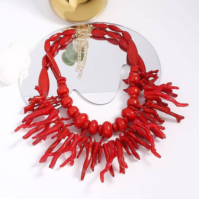 European and American New Style Stacked Cross-Border Imitation Coral Necklace Necklace Light Luxury Small Multi-Layer Beaded Clavicle Chain Resin Necklace