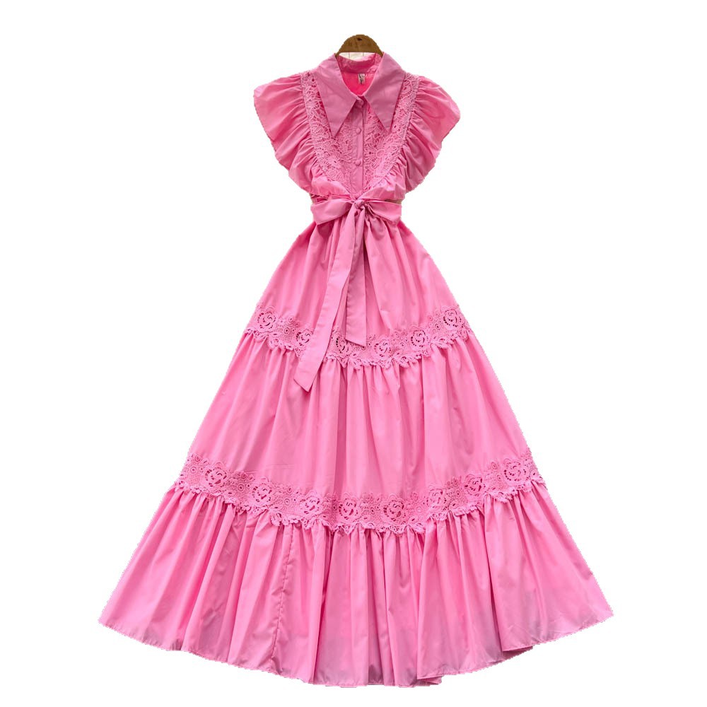 Elegant Vintage Lace Panel Waist Defined Short Sleeve Dress for Women Flowy Maxi Style Available in Red White Green Wholesale