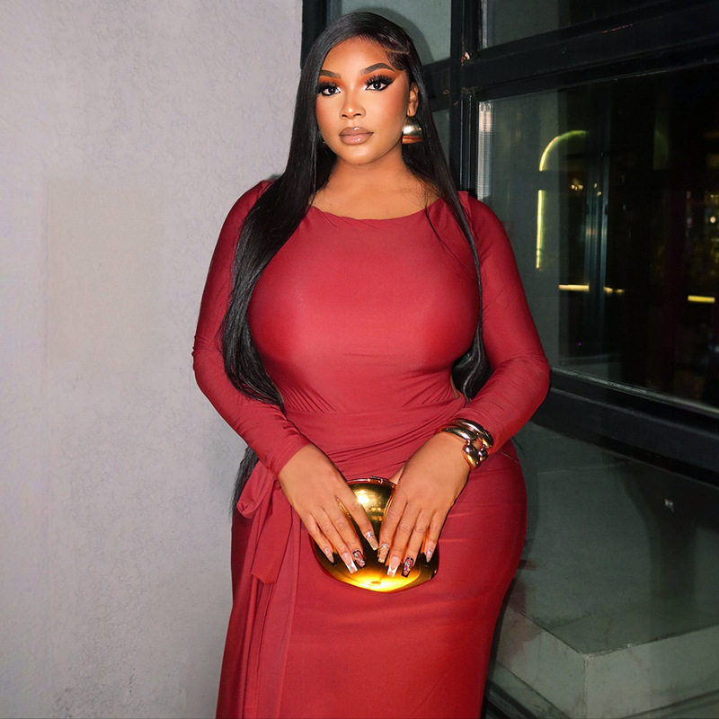 Bodycon Dress Slim Fit Waist Tie Round Neck Long Sleeve Solid Color Cocktail Party or Evening Wear Wholesale