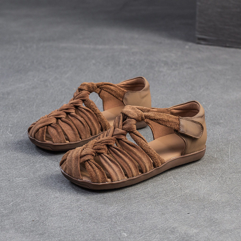 Dép Sandal Nữ Quai Dệt Thủ Công Đế Bệt Thoáng Khí Khóa Dán Phong Cách La Mã Đế Cao 3cm - 4cm Màu Vàng, Xanh Lá, Nâu