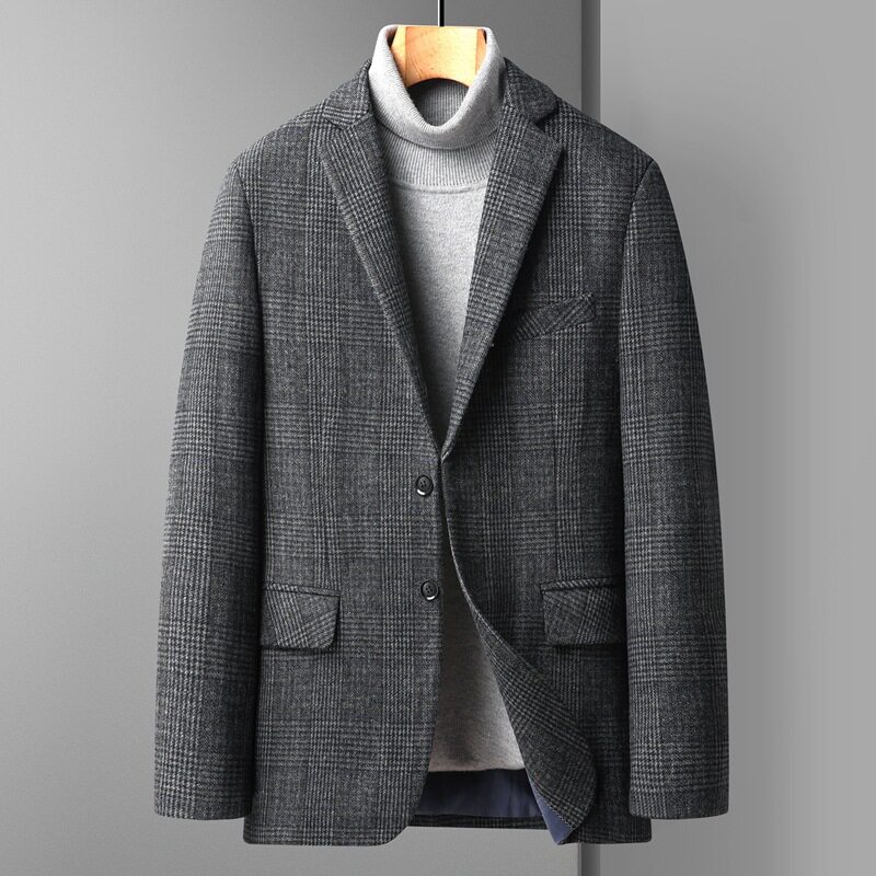 Áo Khoác Vest Nam Trung Niên Thu Đông Wool Pha Kẻ Caro Phong Cách Business Màu Xám, Nâu