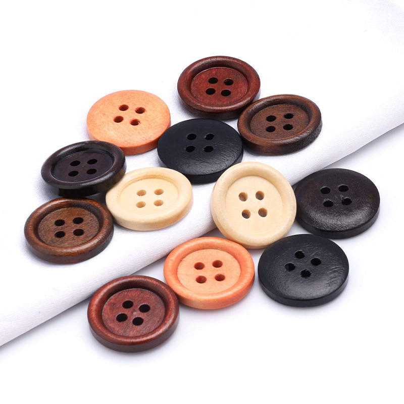 Factory Wholesale Natural Wood Buttons Wide Edge Thin Edge Round Four-Eye Wood Buttons Cardigan Jacket Round Edge Wooden Buttons