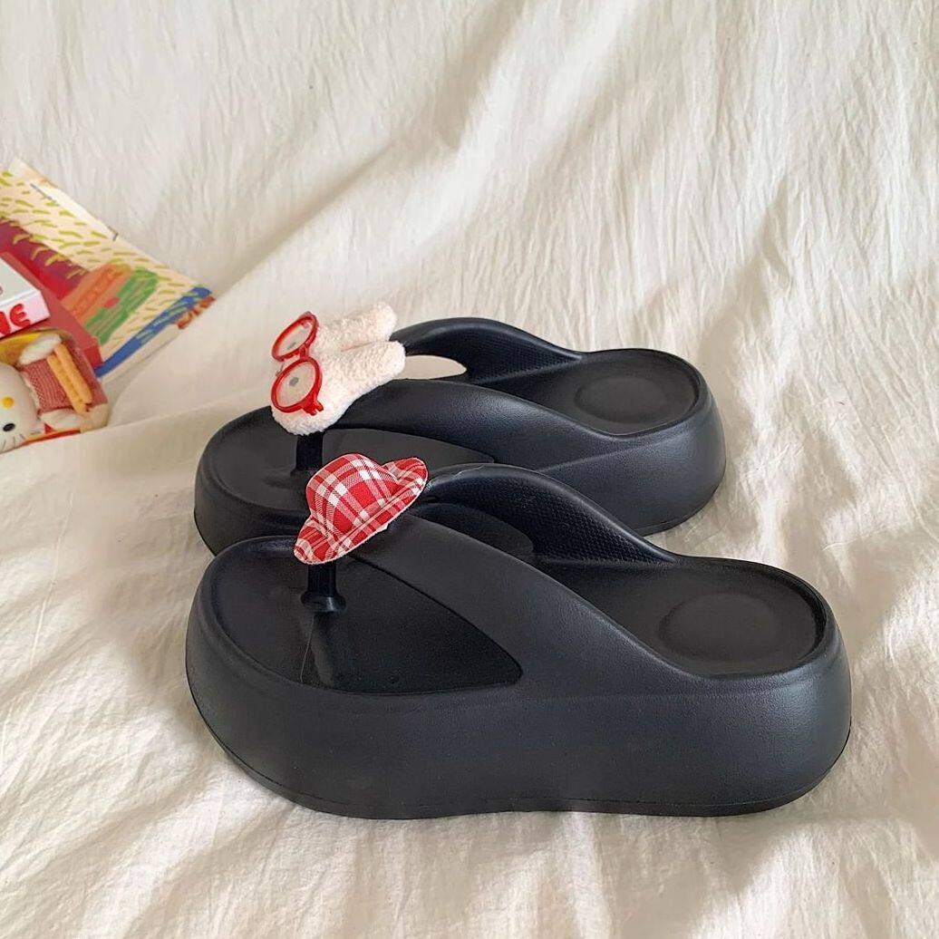 An Lianmei Cute Miffy Rabbit Thick-Soled 6cm Flip-Flops for Outdoor Wear, Non-Slip Thong Beach Height-Increasing Sandals for Women