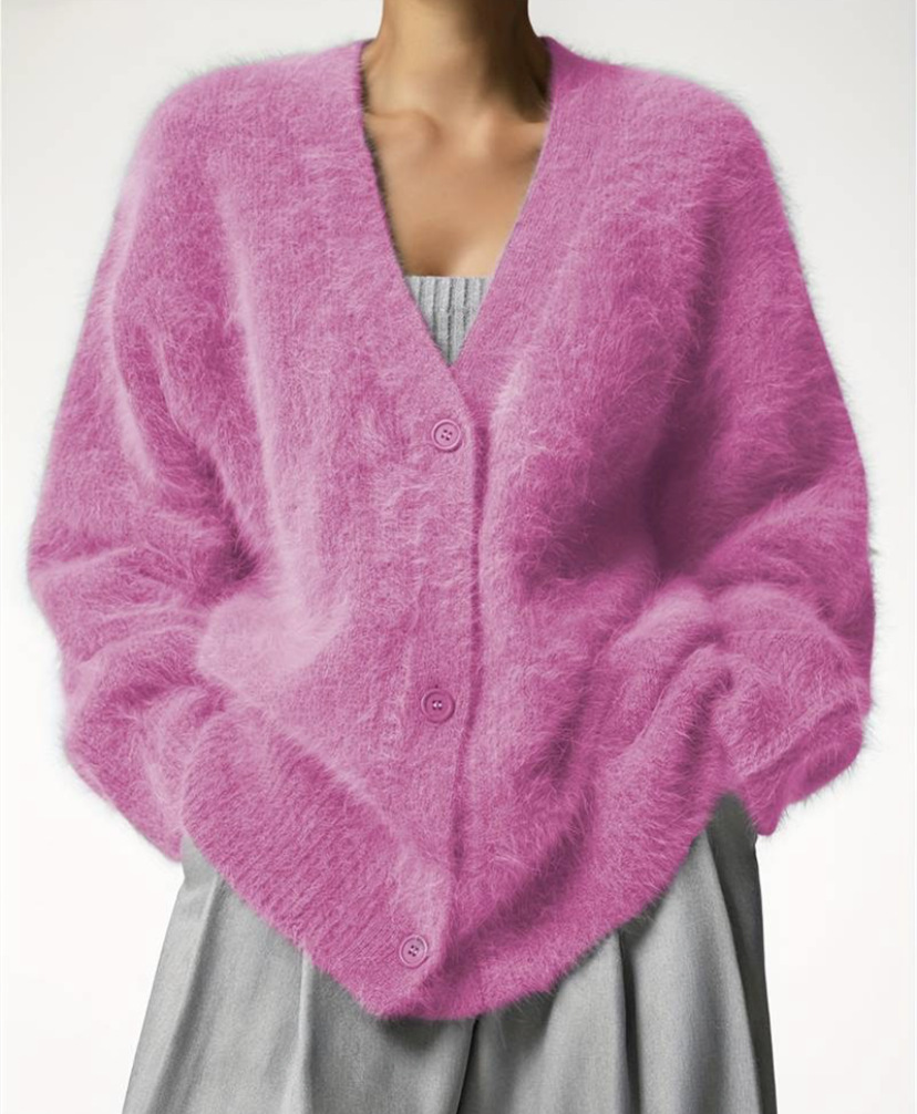 2025跨境热卖春秋仿貂开衫女慵懒风宽松毛衣外套柔软长袖针织衫女