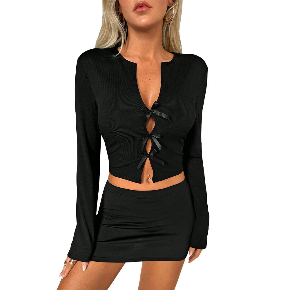 Womens Cropped Tie Front Long Sleeve T Shirt Slim Fit Sweet and Spicy Style Spring Summer Wear Wholesale Available