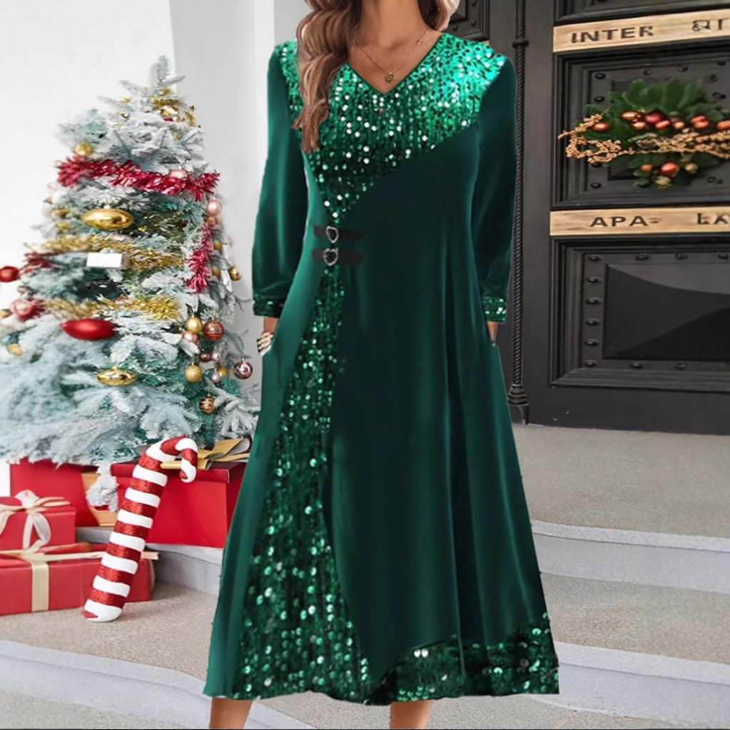 V Neck Long Sleeve Dress Solid Color Sequin Detail Elegant Style Perfect for Autumn and Winter Wholesale Available