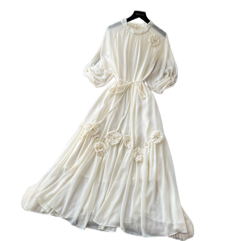 Elegant Summer A Line Dress for Women High Waist 3D Floral Design Long Sleeve Perfect for Formal Occasions