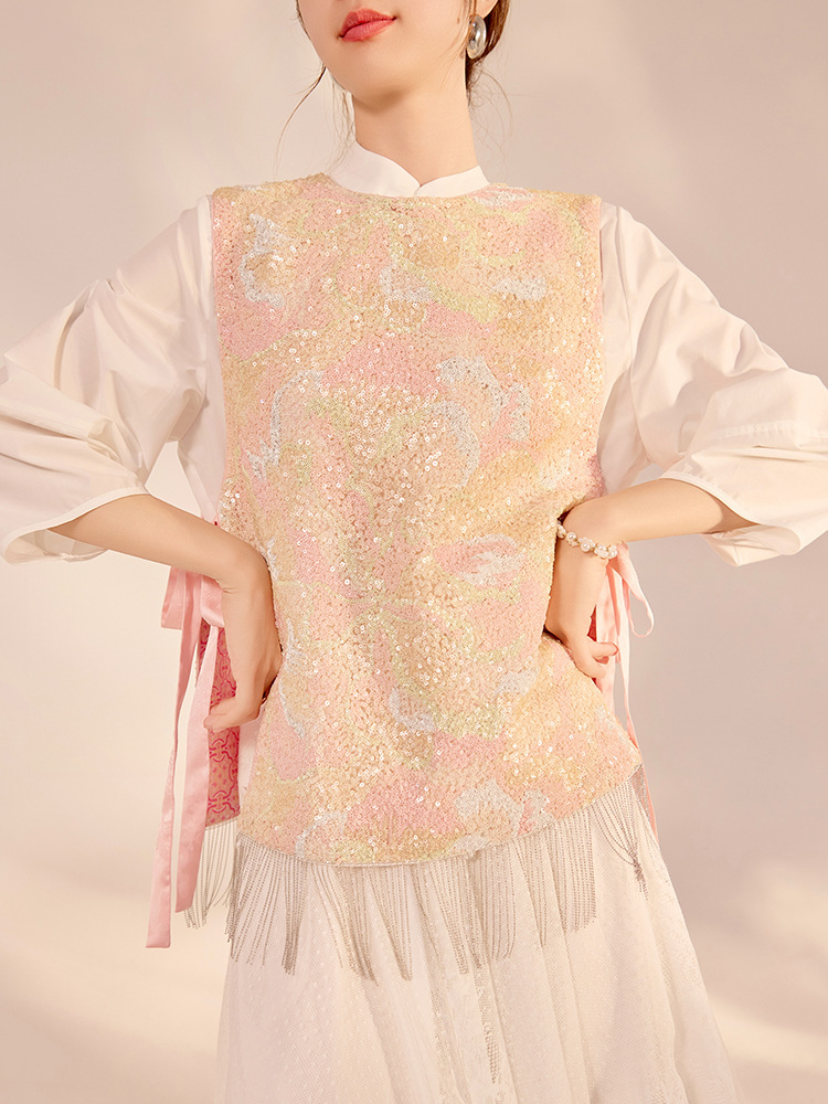 Áo vest nữ hai mặt đính cườm phối họa tiết hoa — Kết hợp màu [mặc hai mặt]