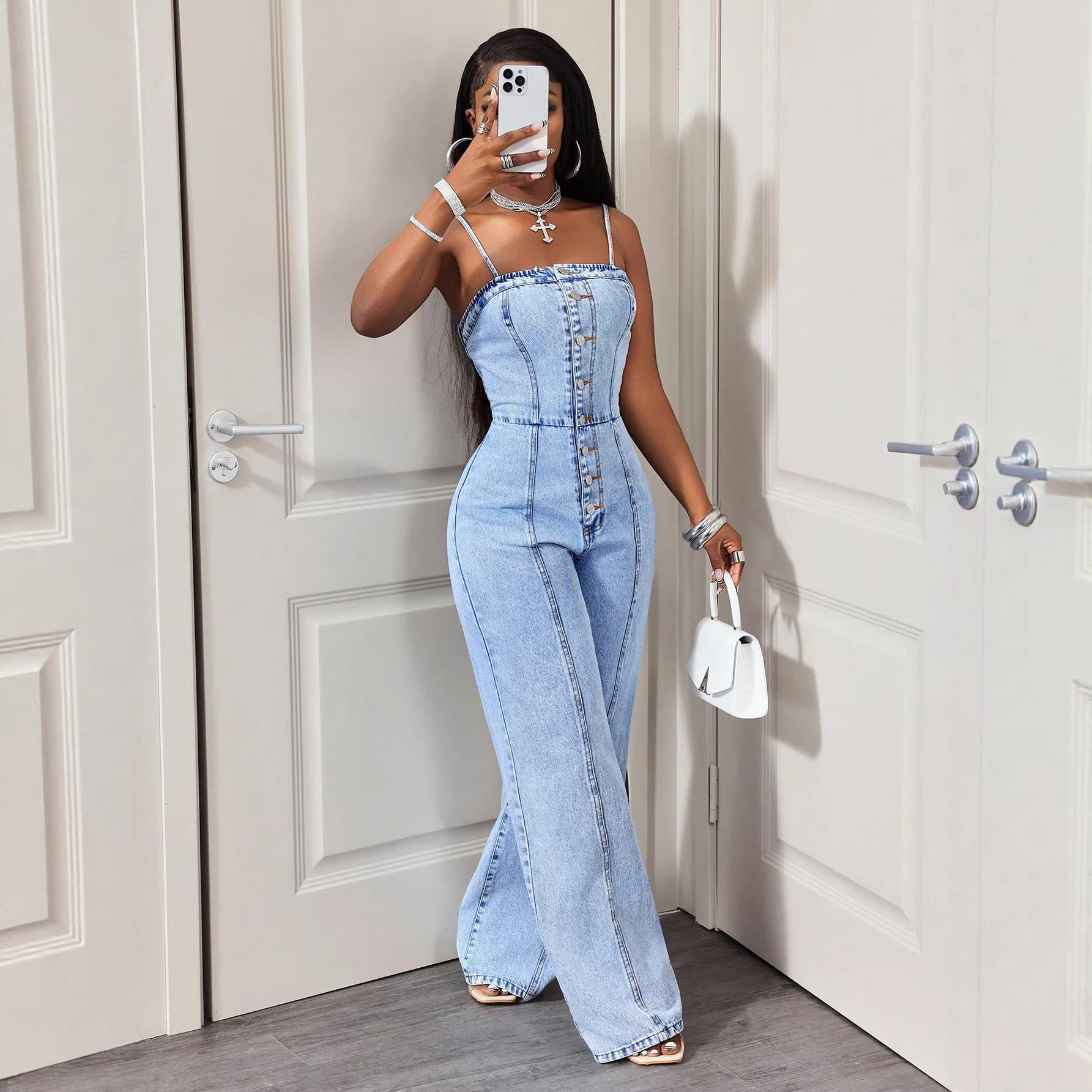 Summer Womens Denim Jumpsuit Casual Sleeveless Adjustable Straps Comfortable Fit Perfect for Outdoor Events Ready