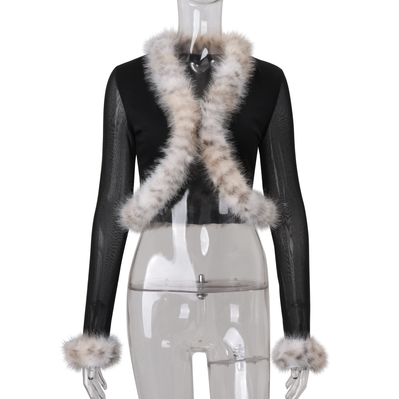 Fashionable Womens Cardigan Long Sleeve Sheer Mesh Cropped Design with Fur Collar Autumn Winter Collection