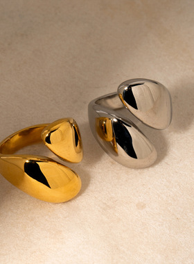 欧美INS网红同款18k金不锈钢光面不对称开口戒指个性戒指钛钢饰品