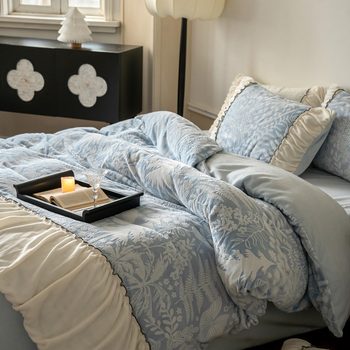 French Style Autumn and Winter Thickened Carved Milk Velvet Four-piece Set Warm Coral Velvet Faleinel Quilt Cover Bed Sheet Bedding