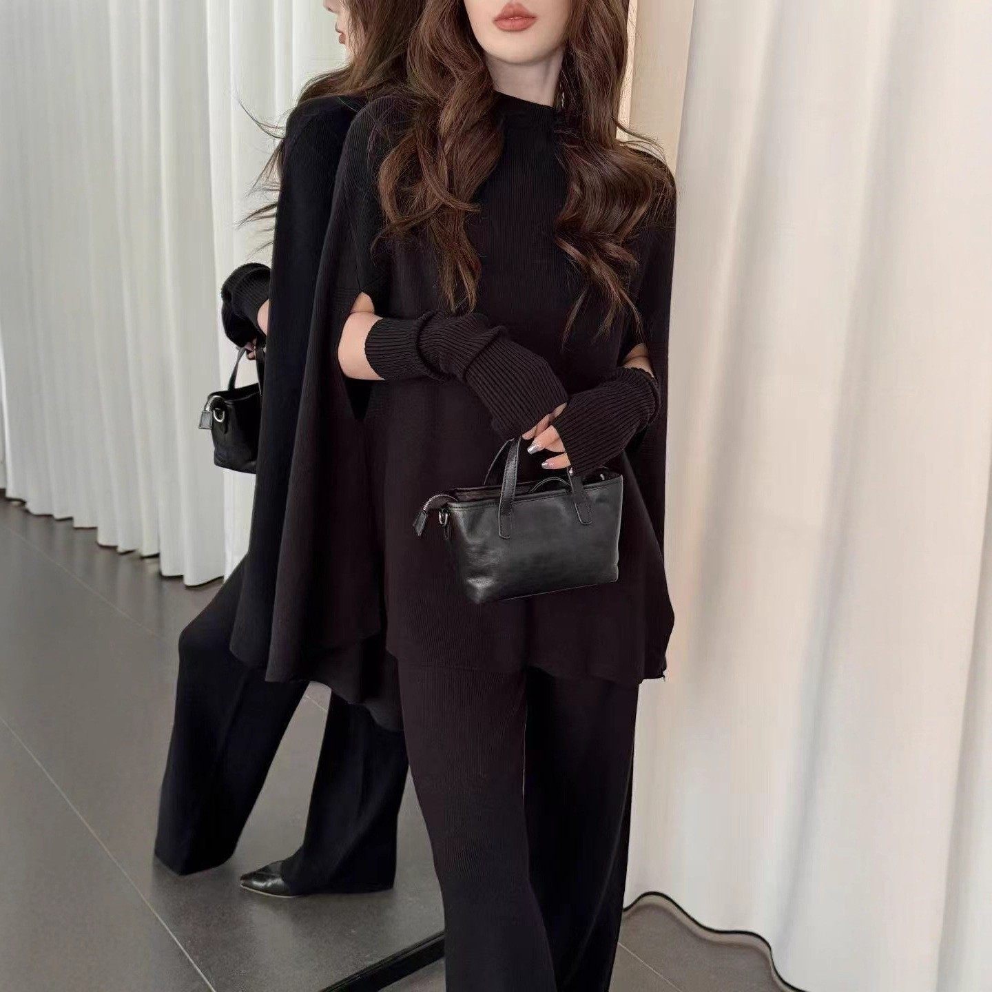 Fashionable Sweater Suit Korean Style Autumn and Winter New Knitted Wide-Leg Pants + Half Turtleneck Top + Vest Three-Piece Set