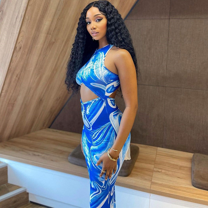 Hollow Out Bodycon Dress Round Neck Backless Digital Print Elegant Vacation Style Wholesale Available