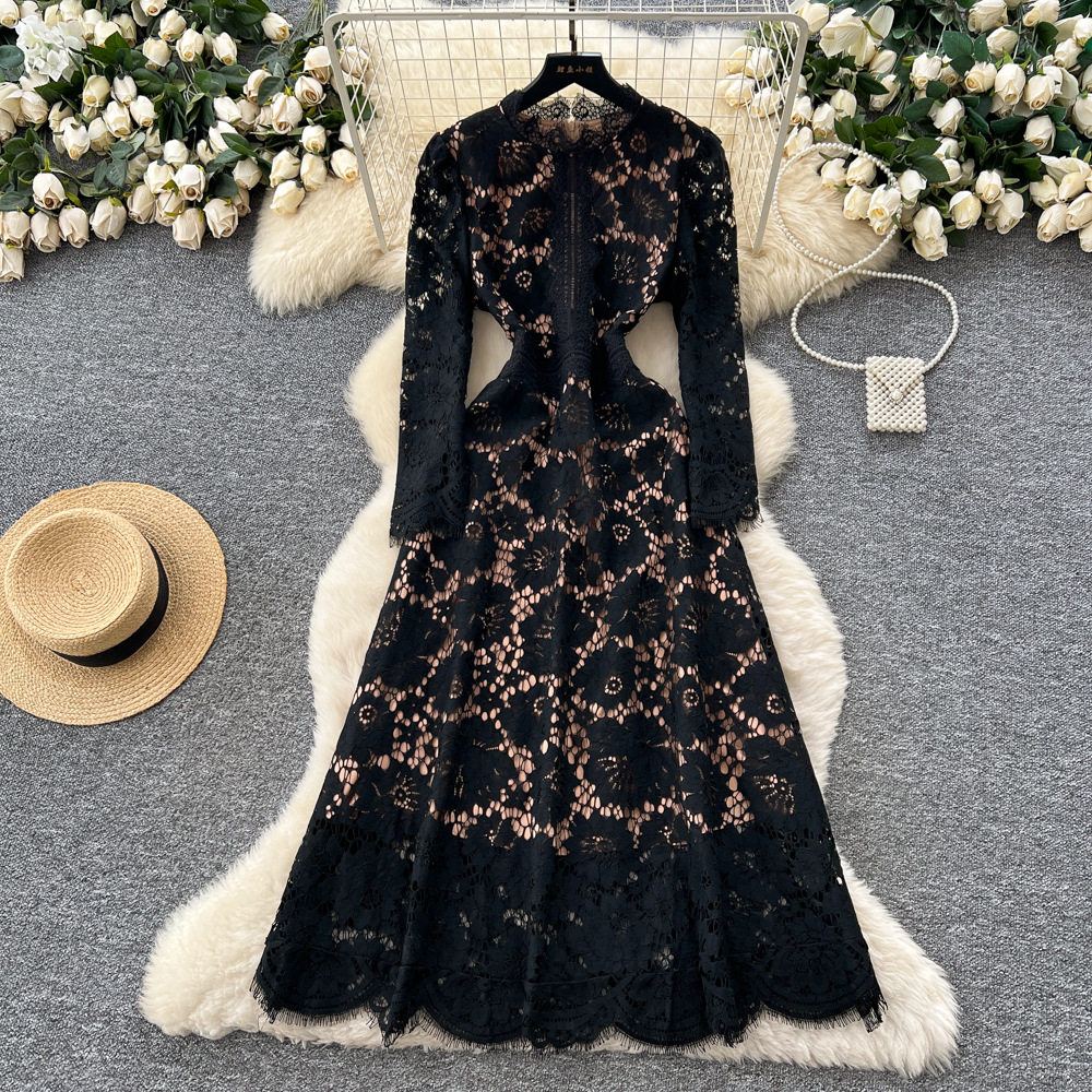 French Style Elegant Lace Dress High End Crochet Design Slim Fit Autumn Fashion Perfect for Formal Occasions