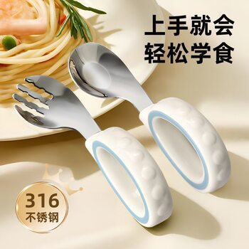 Baby training learning to eat food supplement spoon tableware plastic short handle fork spoon suit 316 stainless steel children spoon wholesale