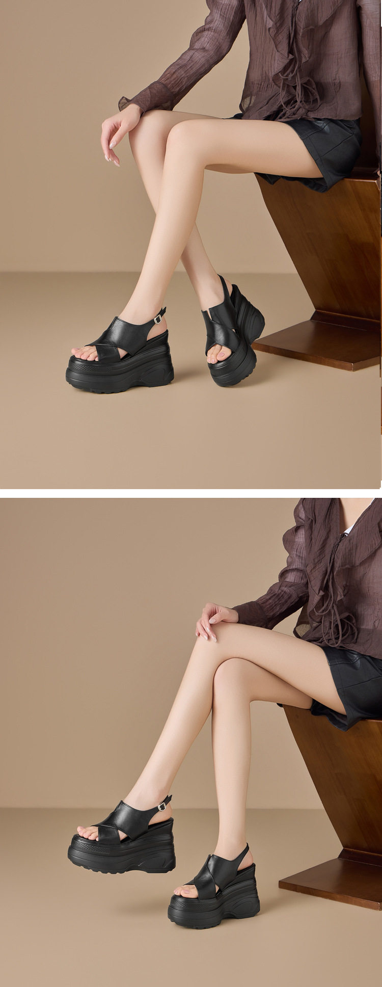 Sandal cao gót nữ mũi hở phong cách La Mã, đế xuồng tăng chiều cao 12 cm — [Màu hồng đào], [Màu đen] chi tiết 3