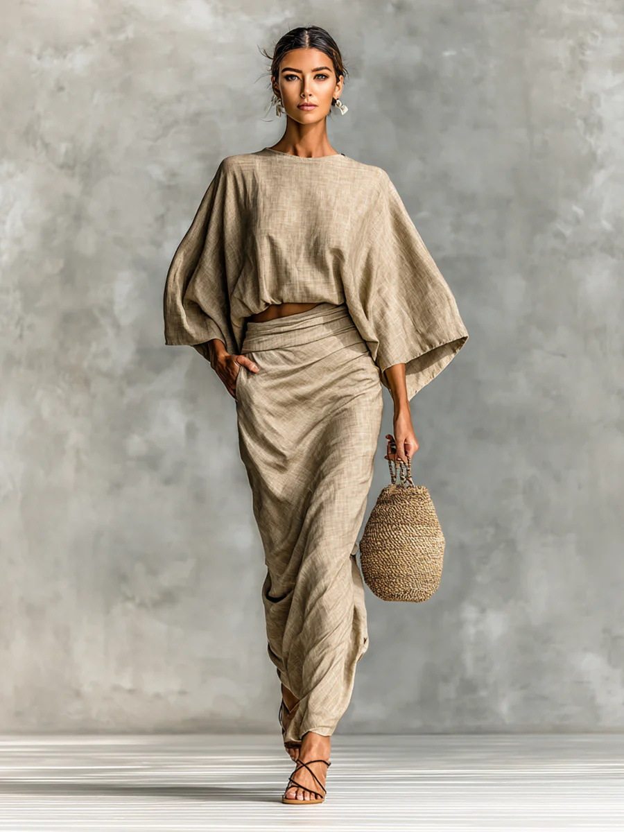 In-Stock Cross-Border Foreign Trade Women's Cotton and Linen Autumn and Winter Matching Set Batwing Sleeve Top Versatile Pocket Back Slit Long Skirt