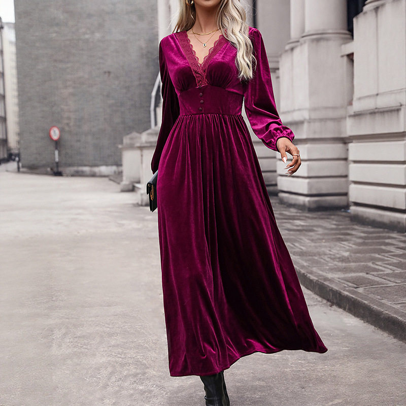 Velvet Long Sleeve Dress Solid Color Elegant Style Autumn Winter Wear Wholesale Available bulk order
