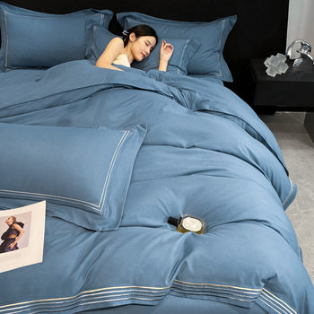 Washed Cotton Light Luxury Embroidered Solid Color Cotton Four-piece Set Simple Light Luxury Skin-friendly Quilt Cover Bedding Kit Wholesale