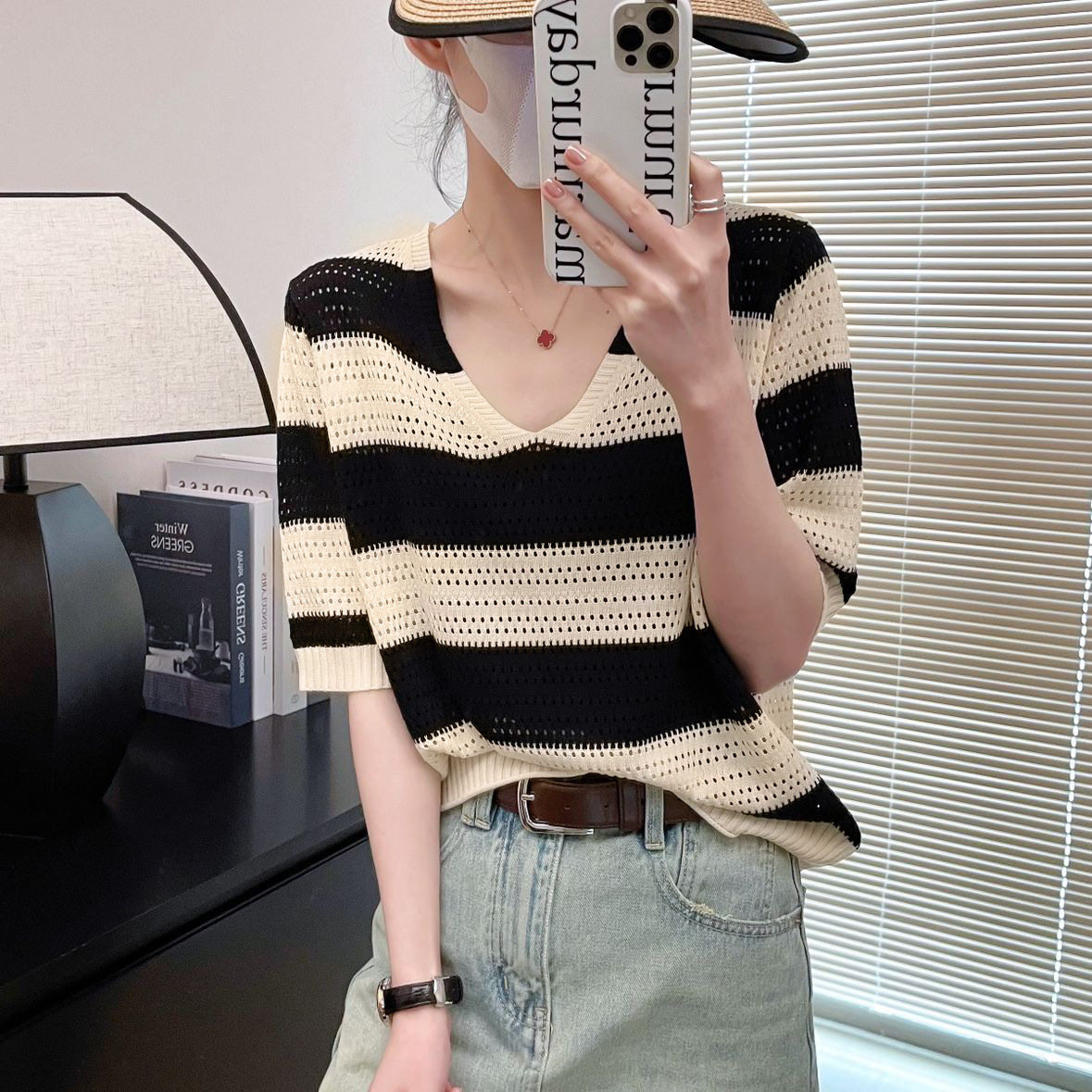 Lace Stripe V Neck T Shirt Ice Silk Short Sleeve Loose Fit Lightweight Summer Casual Wear Wholesale Available