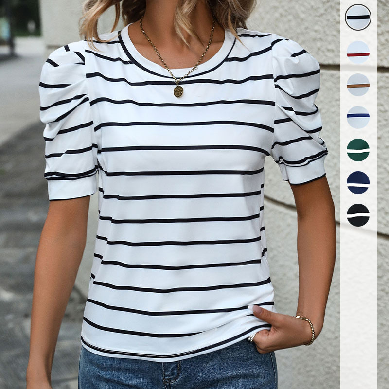Striped Puff Sleeve T Shirt Summer Fashion Casual Style Comfortable Fabric Wholesale Available