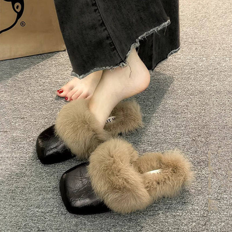 French Style Beautiful Baotou Autumn and Winter Maomao Slippers fleece-lined Women's Outside 2024 Flat New Mueller Lazy People Explosions Going Out