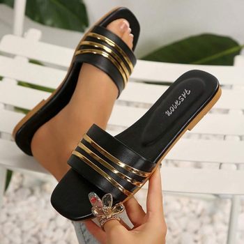 Wholesale Cross-Border Women's Shoes, Ladies' Fashion Slippers, Classic and Versatile Metal-Decorated Square-Toed Flat Sandals with Leopard Print