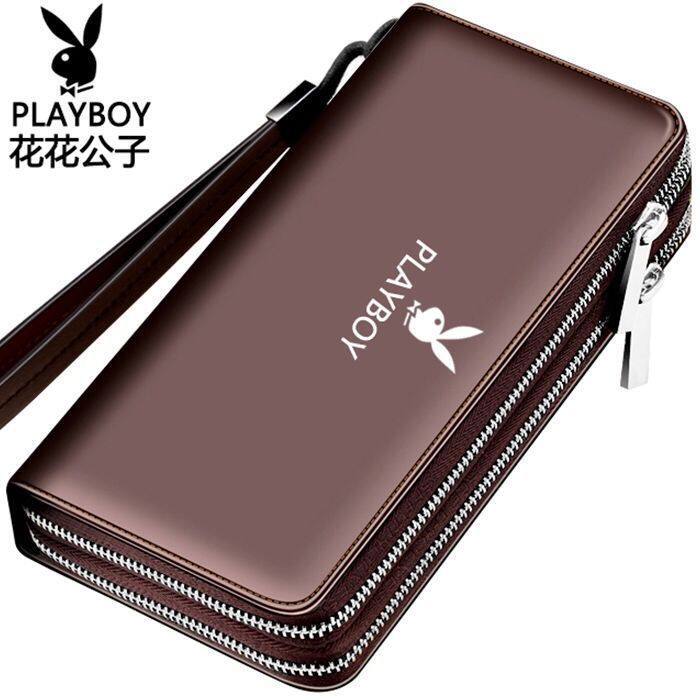 Playboy Official Genuine Men's Double Zipper Clutch Leather Texte Men's Wallet Mobile Phone Bag Men's Large Capacity