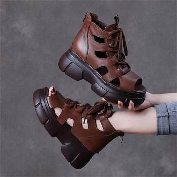 Thick-soled vintage soft leather hollow-out women's sandals 2024 summer platform bottom mid-heel peeple lace-up flat sandals for women