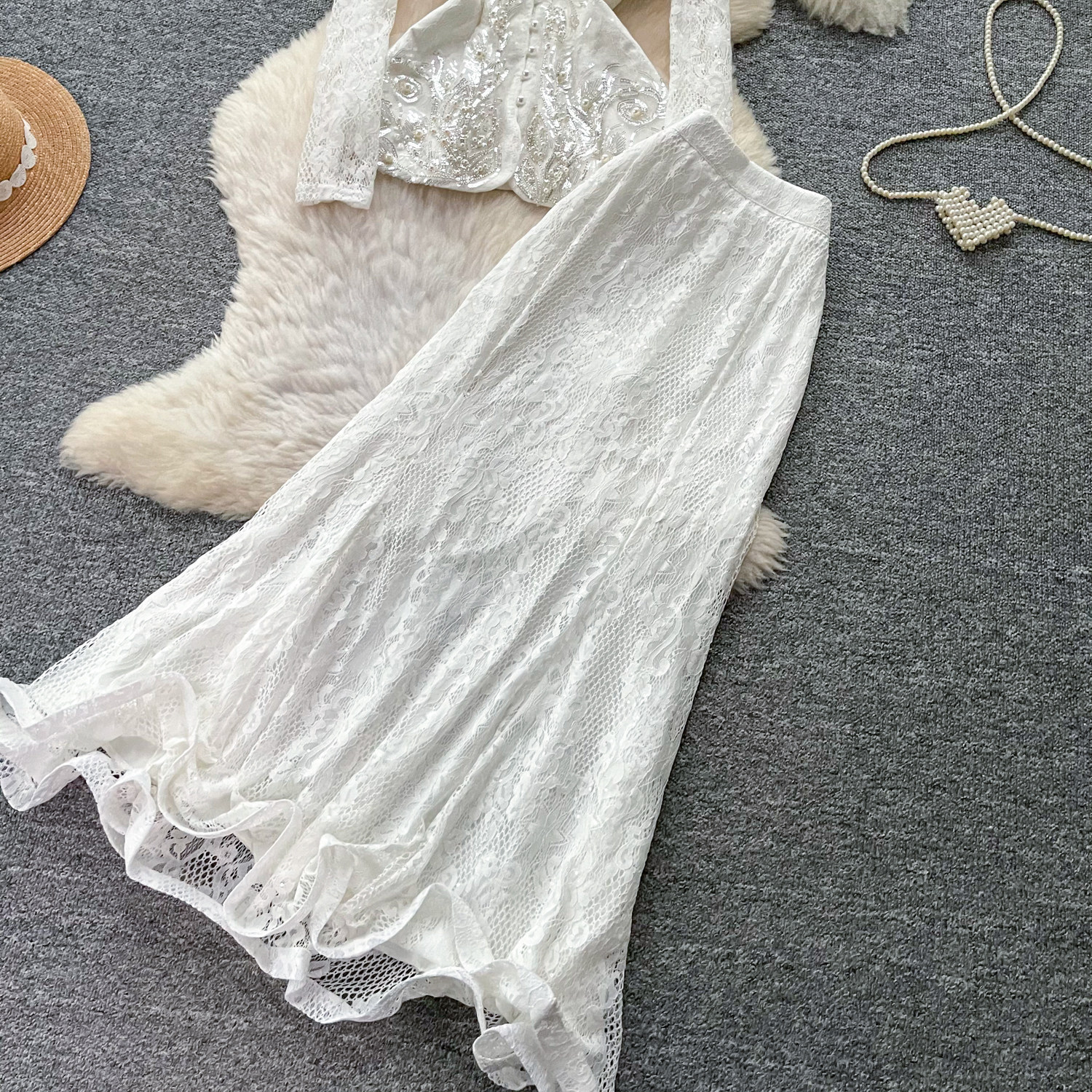 French Elegant Two Piece Set Beaded V Neck Lace Detail Hollow Out Design Spring Autumn Fashion Wholesale Available