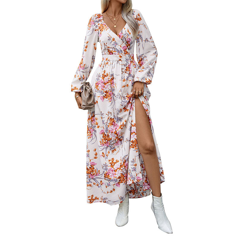 Womens Long Sleeve V Neck Floral Dress Autumn Style European and American Fashion Wholesale Available