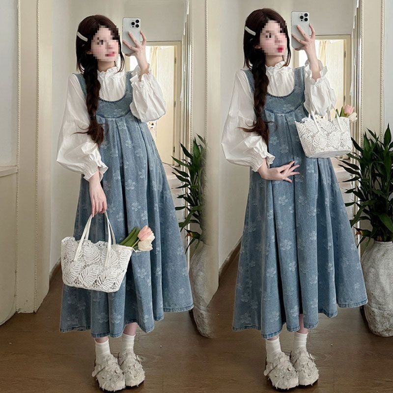 Maternity Suit, Autum Fashion Suit, Loose Mid-Length Trendy Mom Denim Maternity Suspender Skirt Outer Shirt Suit