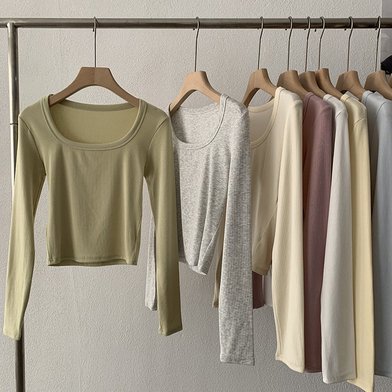 欧玛莱 方领露锁骨纯色螺纹棉修身显瘦长袖短款T恤上衣女6210,淘宝优惠券,粉丝福利购,淘宝优惠卷