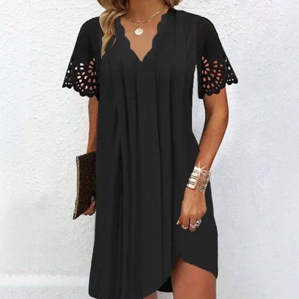 Summer Lace Short Sleeve Dress Wave V Neck Elegant Fit Comfortable Fabric Perfect for Office Wear OEM Available