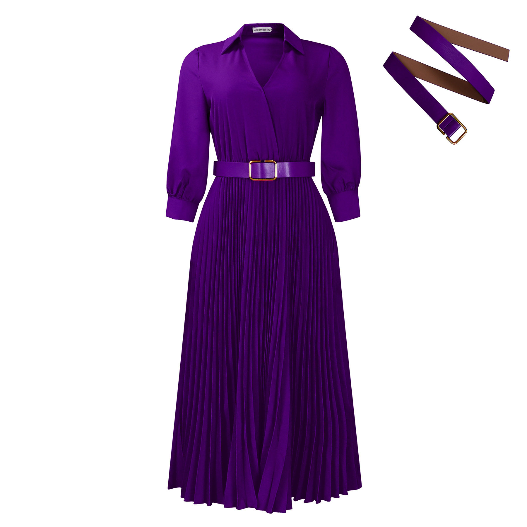 V Neck Long Sleeve Pleated Dress Solid Color Flowy Skirt Fashionable Design Spring Summer Wear Wholesale Available