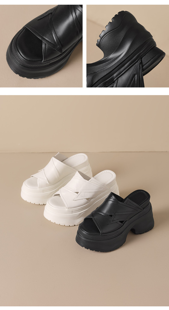 Dép sandal nữ quai ngang đế dày tăng chiều cao 12cm, mũi hở, da bò thật — màu đen, Màu trắng ngà-