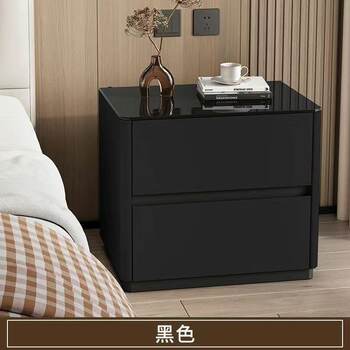 All Solid Wood Painted Bedside Table, Simple, Modern and Luxurious Bedroom Home Bedside Table, Tempered Glass Desktop, High-End