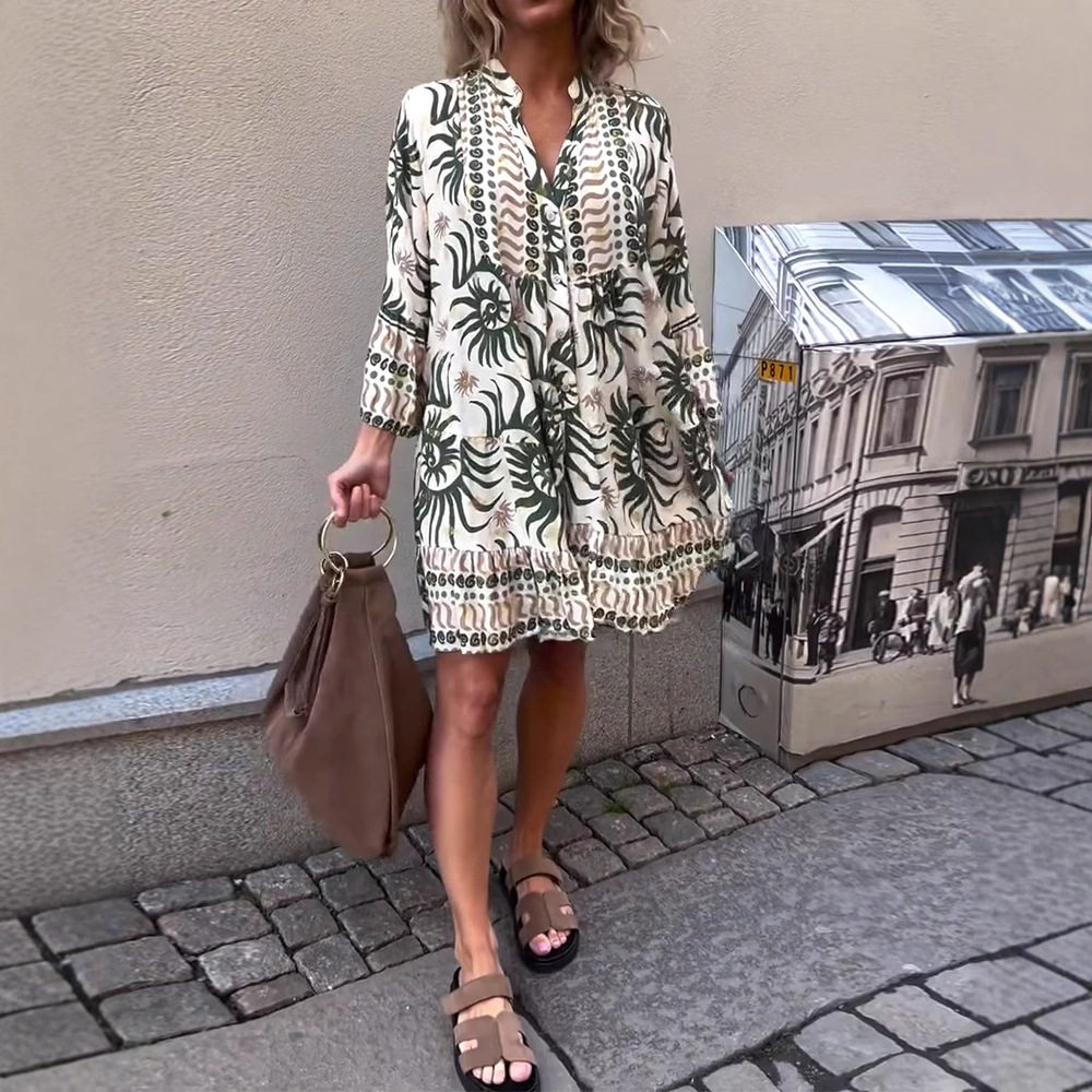 Floral Print V Neck Long Sleeve Loose Casual Dress Summer Collection Womens Fashion OEM Available