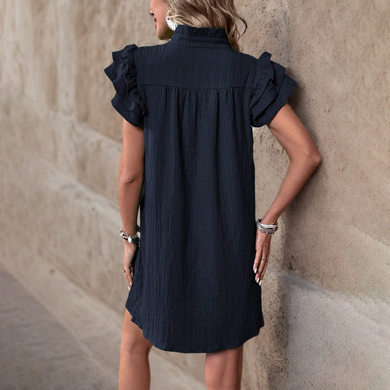 Summer Casual Loose Straight Dress Stand Collar Solid Color Comfortable Fabric Vacation Wear Wholesale Available