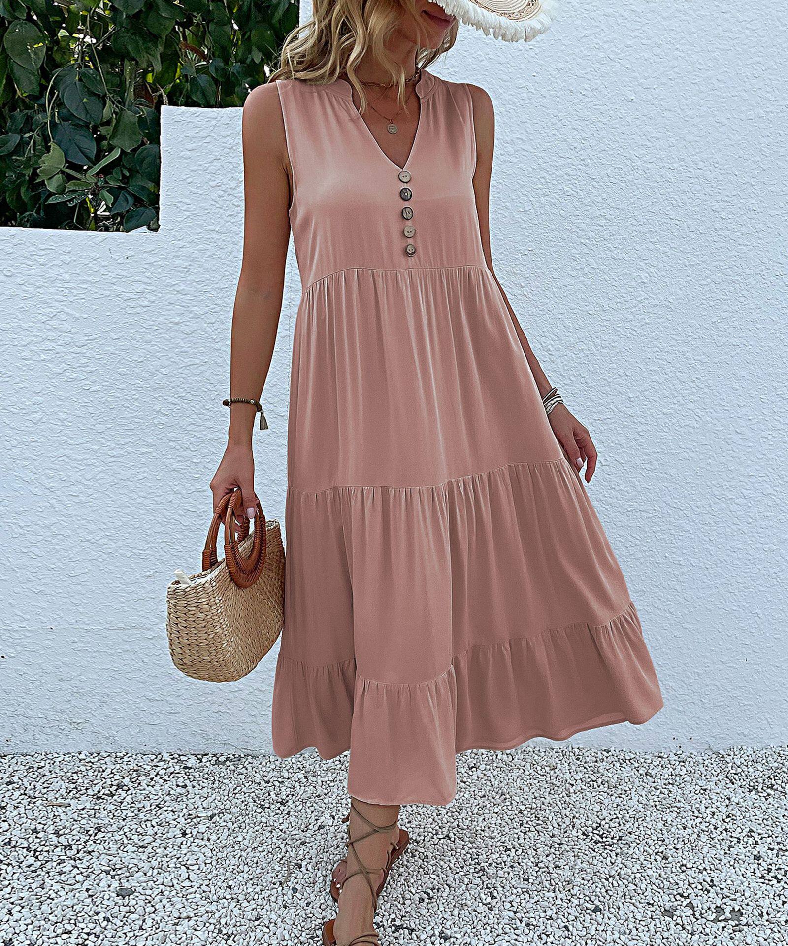 Summer Casual Sleeveless Dress Loose Fit Solid Color Comfortable Fabric Perfect for Everyday Wear Wholesale