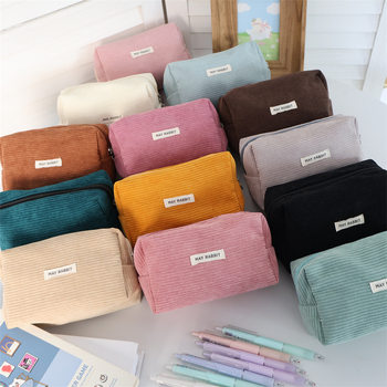 Portable Medium Corduroy Pencil Bag Student Large-Capacity Pencil Stationery Storage Bag Multi-Functional Makeup Toiletry Bag