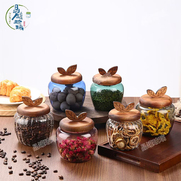 Acacia Wood Glass Tea Cans Homestay Tea Room Scented Tea Candy Sealed Cans Household Snacks Coarse Cereals Storage Bottle