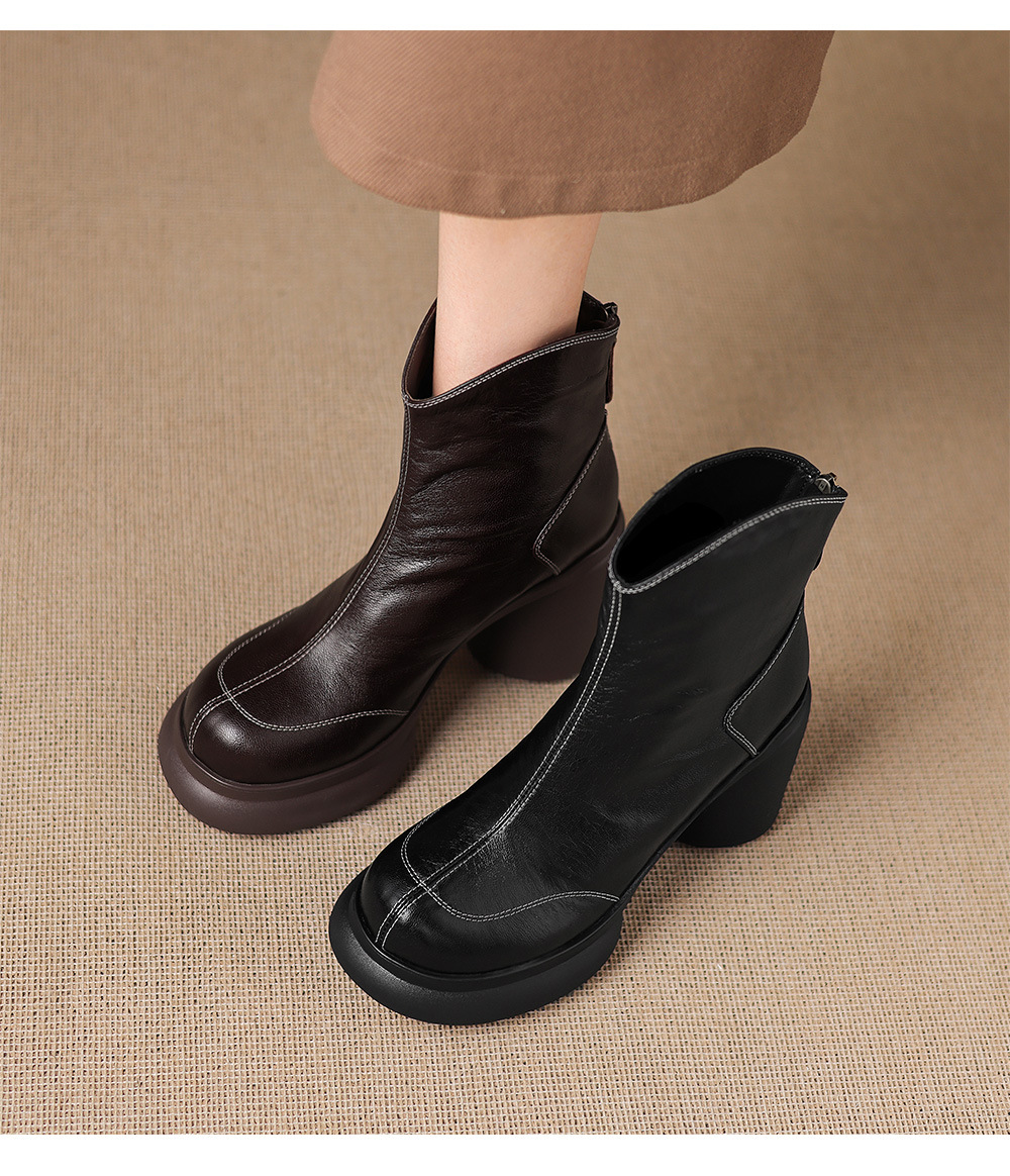 Boot nữ cổ ngắn da cừu gót thô khóa kéo sau — Lớp lót đơn màu đen, Lớp lót đơn màu nâu, Lót nhung đen, Lót nhung màu nâu