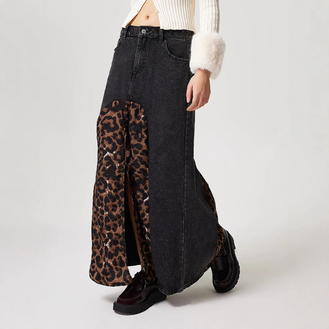 Leopard Print Denim Skirt Versatile Stylish Autumn Fashion Perfect for Streetwear Wholesale Available