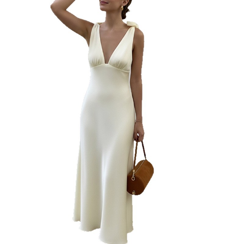 Womens Spring Dress Elegant Solid Color Slim Fit Tie Detail Perfect for Casual or Formal Occasions Wholesale