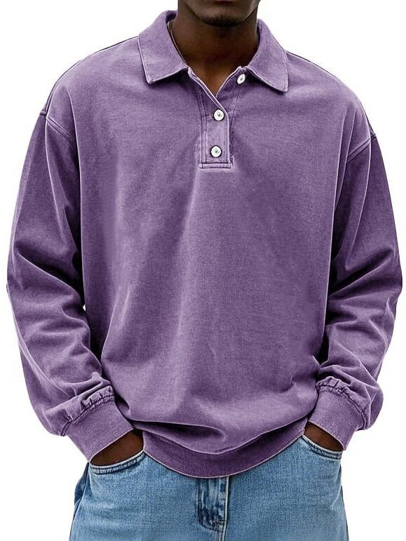 2025 新款跨境亚马逊速卖通春夏季男装长袖POLO衫纯色套头纽扣T恤