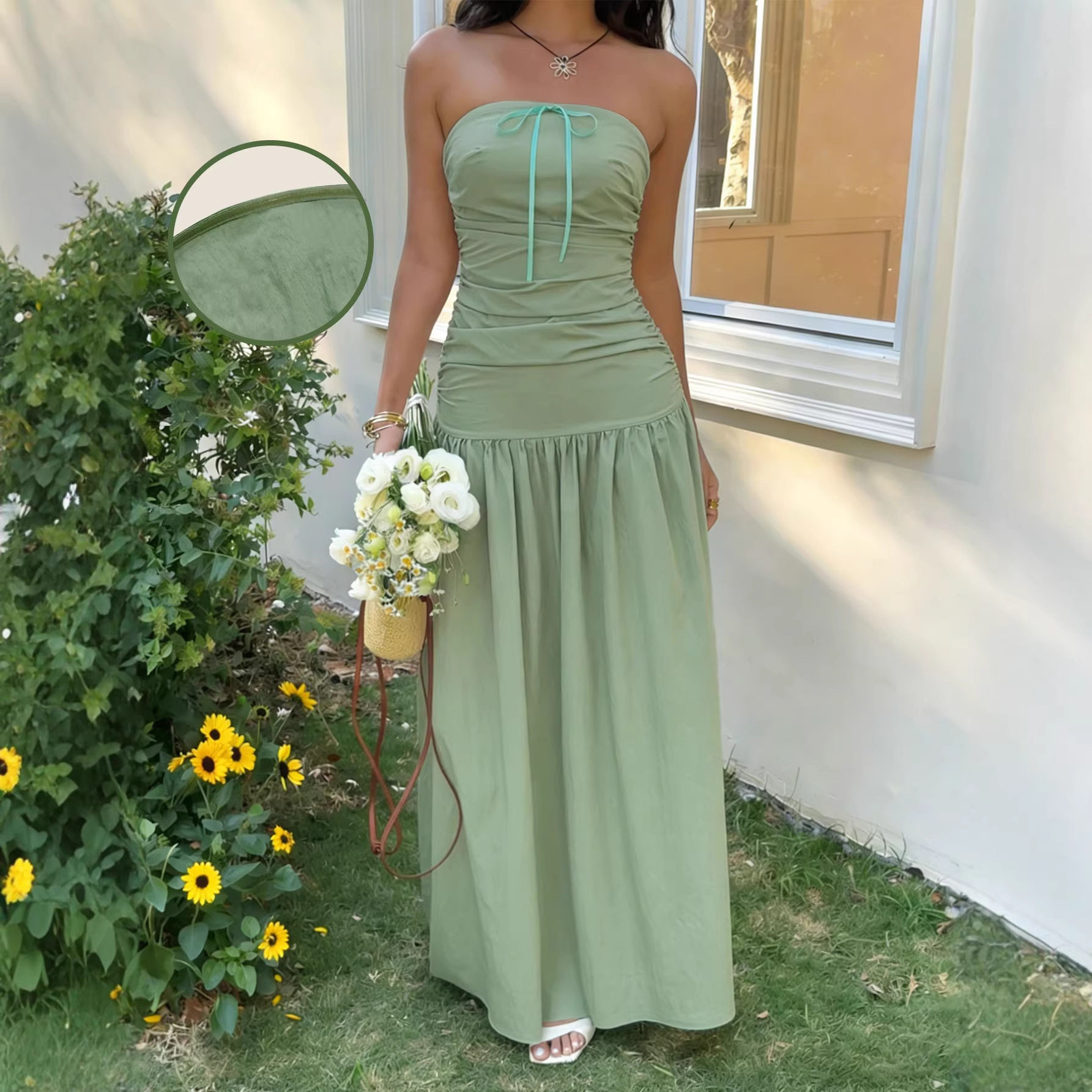 French Style Strapless Maxi Dress Soft Fabric Waist Tie Design Non Slip Strips Summer Vacation Wear Wholesale