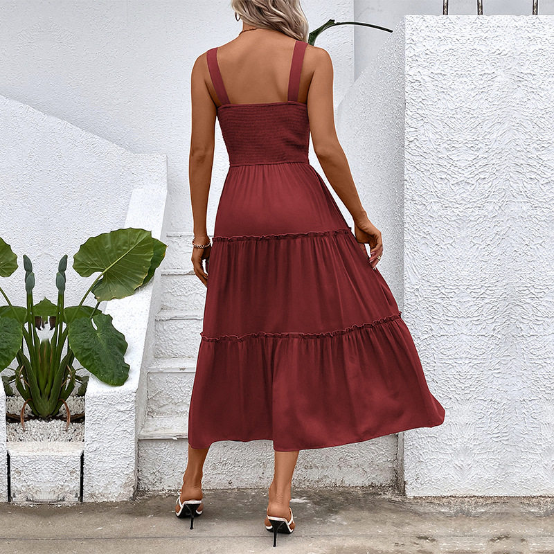 Casual Summer Dress Solid Color Adjustable Straps Waist Tie Design Beach Vacation Essential Wholesale Available