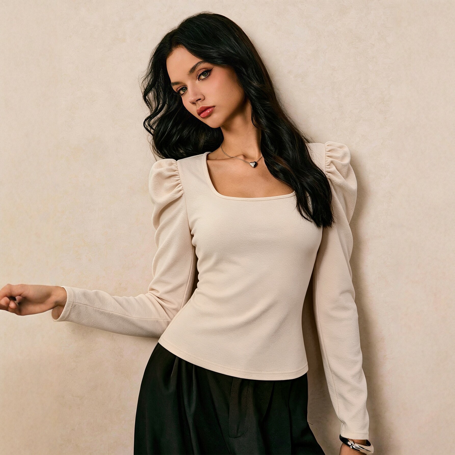 Fashionable Womens Long Sleeve T Shirt Square Neck Ruffled Waist Slim Fit Casual Wear for All Seasons Wholesale